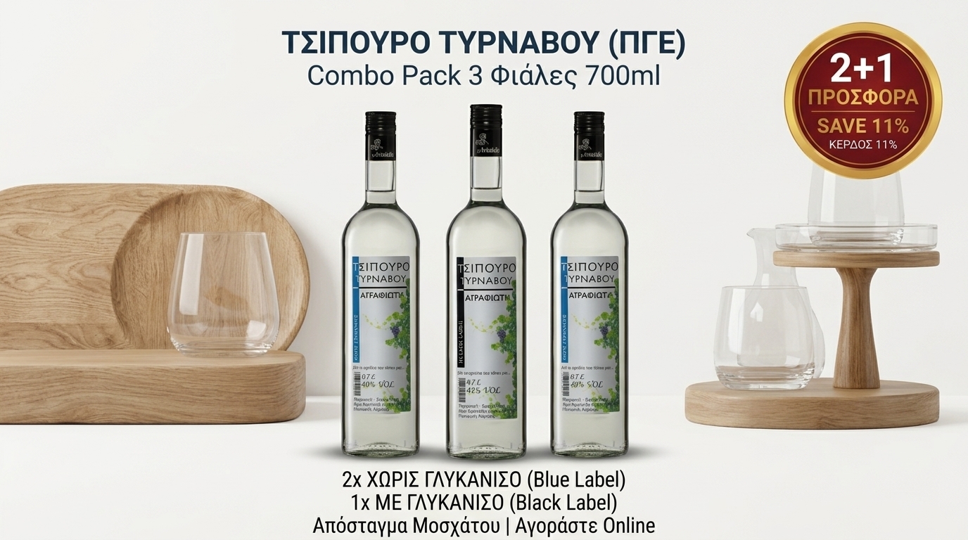 Combo Pack Τσίπουρο Τυρνάβου 3x700ml (2x Χωρίς & 1x Με Γλυκάνισο) 